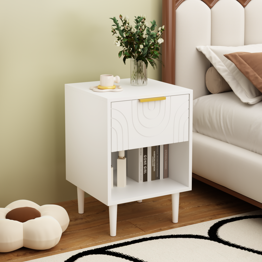 22.8" White Modern Nightstand with Drawer, Gold Accent