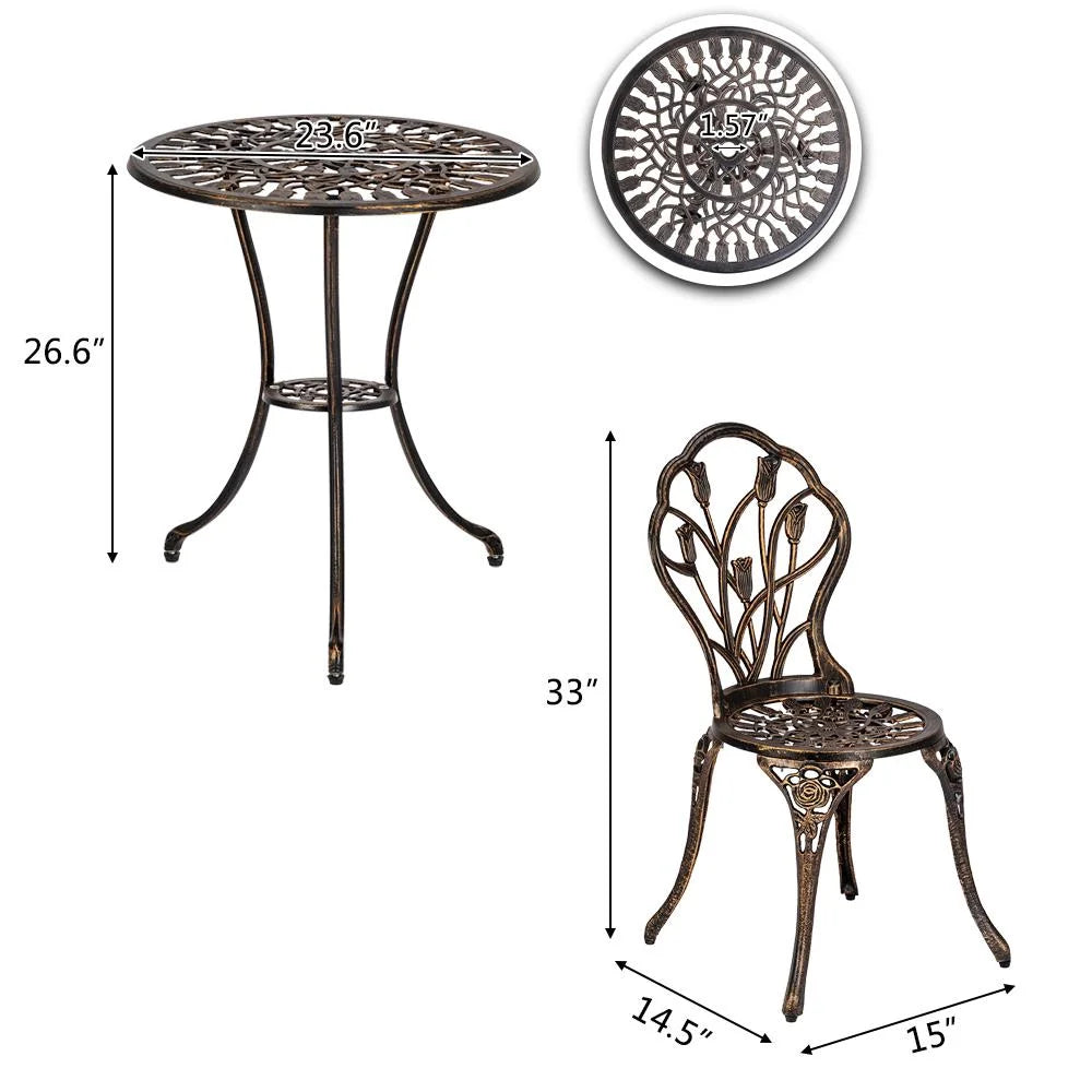 Tulip Cast Iron 3-Piece Patio Bistro Set – Bronze Outdoor Table & Chair Set