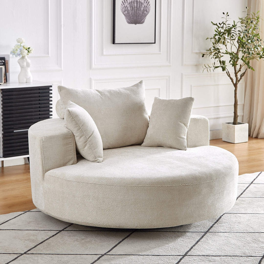 55" Beige Chenille Swivel Chair with Neck Pillow