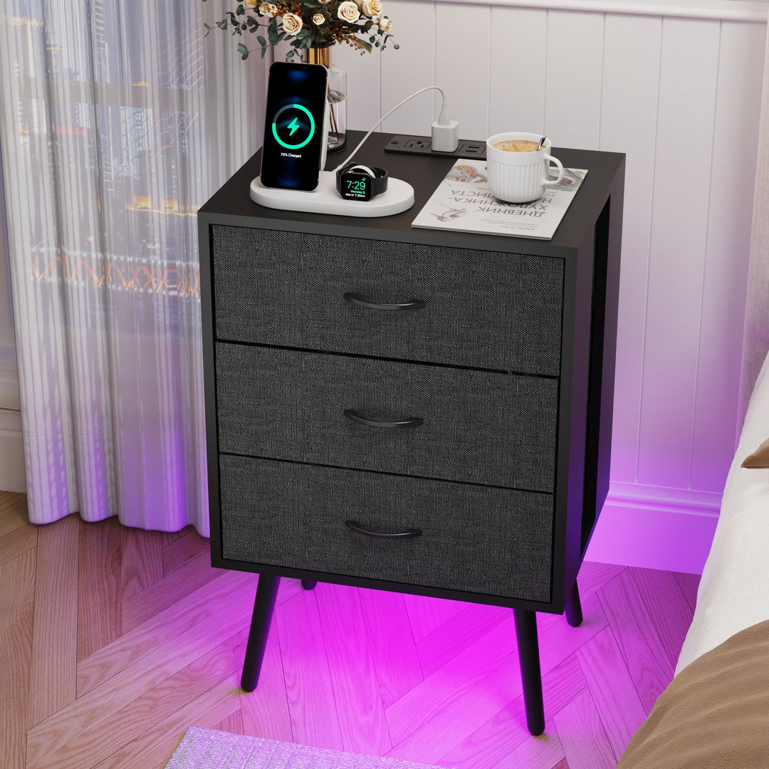 2-Pack Modern Black Nightstands with Charging Station, LED Lights, Fabric Drawers