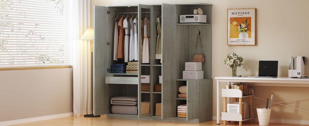 4-Door Gray Wardrobe with Mirror, Shelves, Drawer, and Shoe Storage
