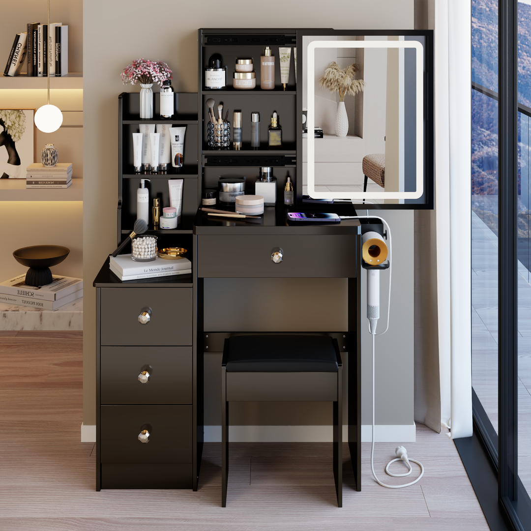 29.2" Compact Vanity Table with LED Mirror, Charging Station, Hair Dryer Holder, Stool