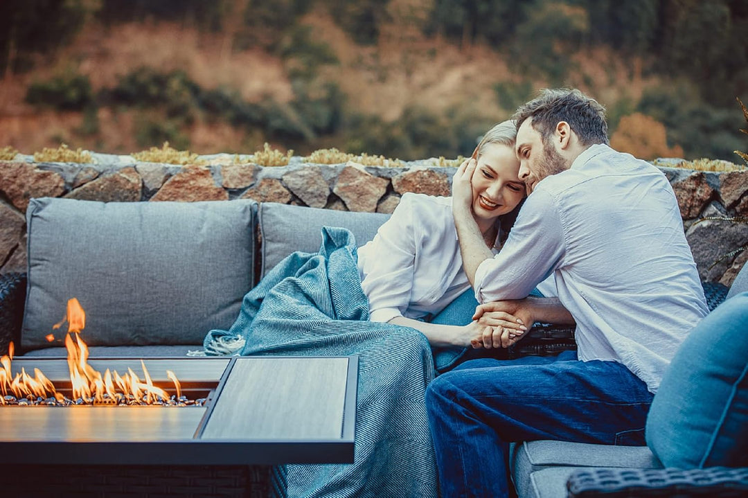 Grand Patio 5-Piece Outdoor Wicker Sofa Set with 43” Propane Fire Pit Table – UV-Resistant Gradient Brown Rattan with Olefin Cushions, Gray