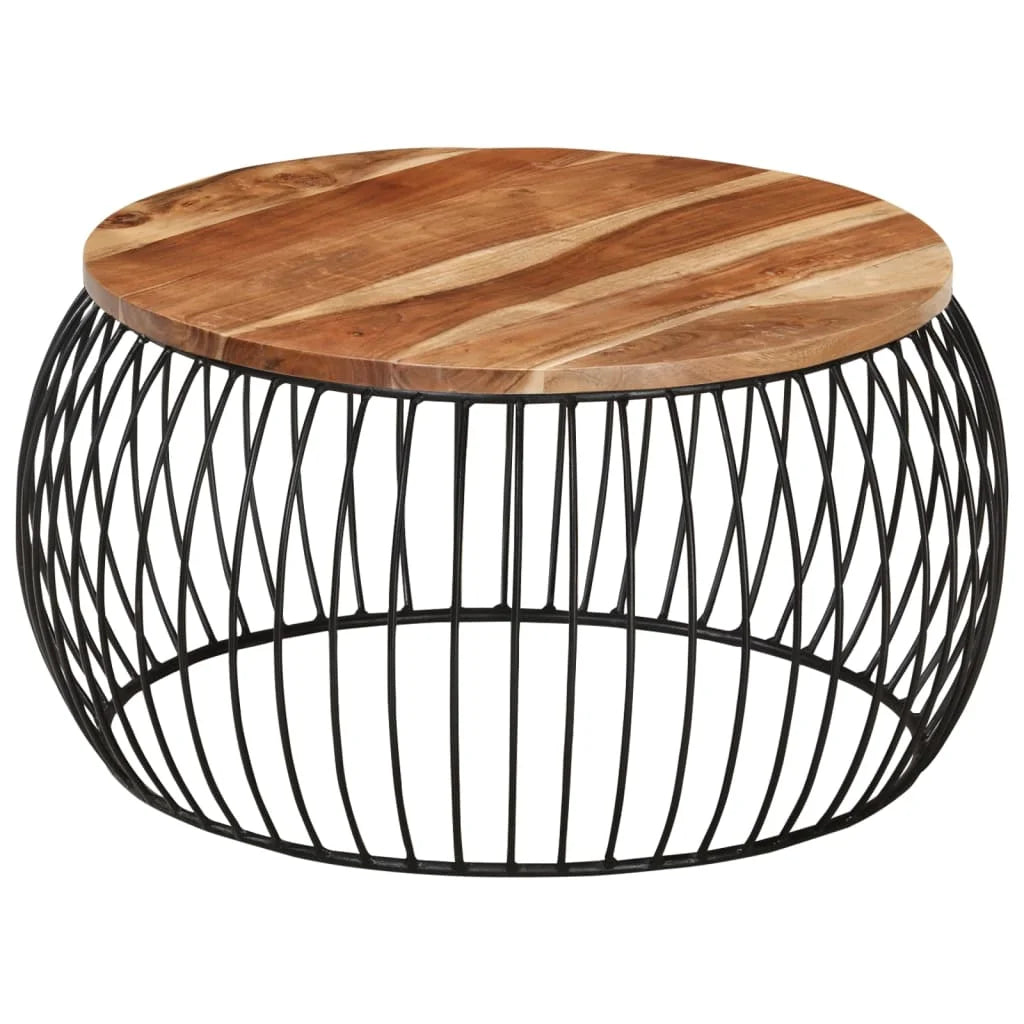 26.8" Round Acacia Wood Coffee Table – Natural Solid Wood with Iron Base