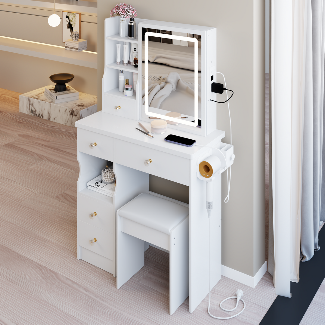 29.2" White Compact Vanity Table with LED Mirror, Charging Station, Stool