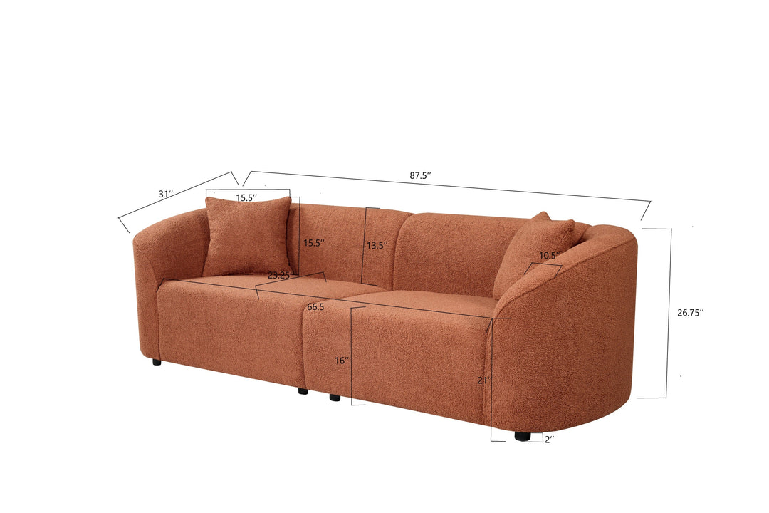 87" Orange Curved Bouclé Sofa, Modern 3-Seater