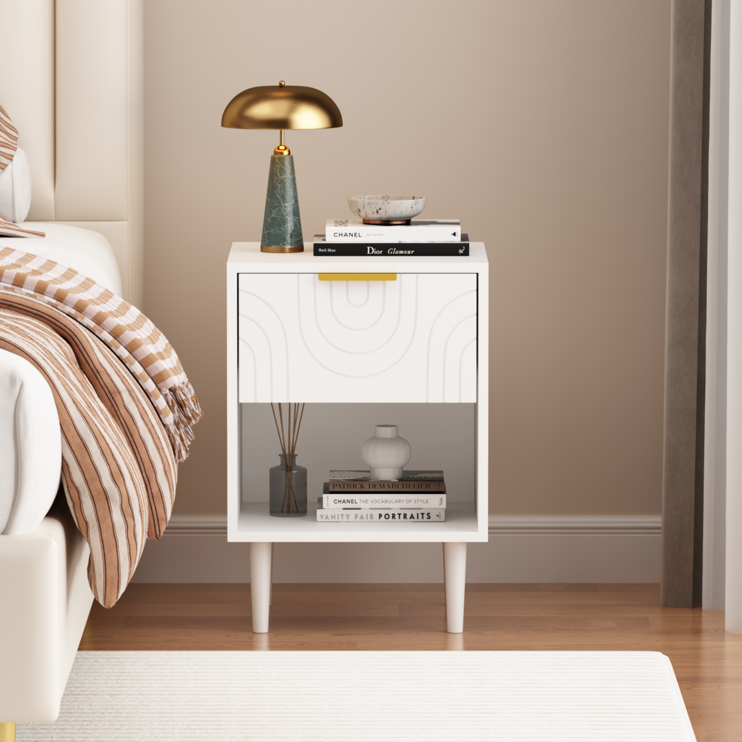 22.8" White Modern Nightstand with Drawer, Gold Accent