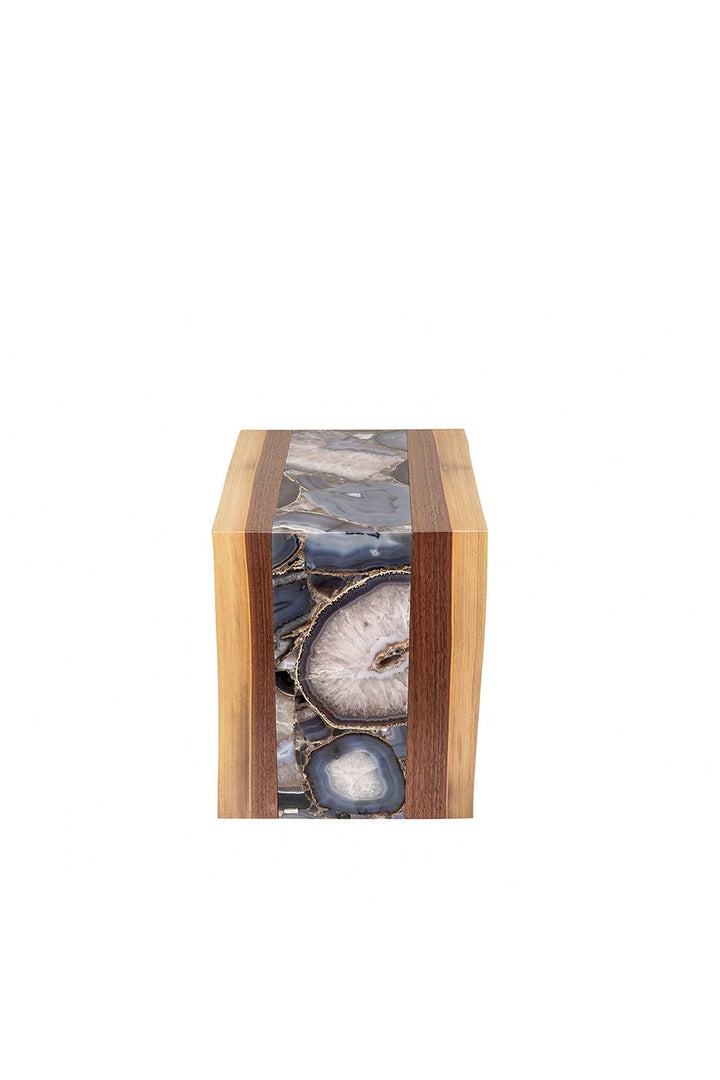 Blue Danube Grey Agate Inlay Side Table with Live Edge Walnut Base