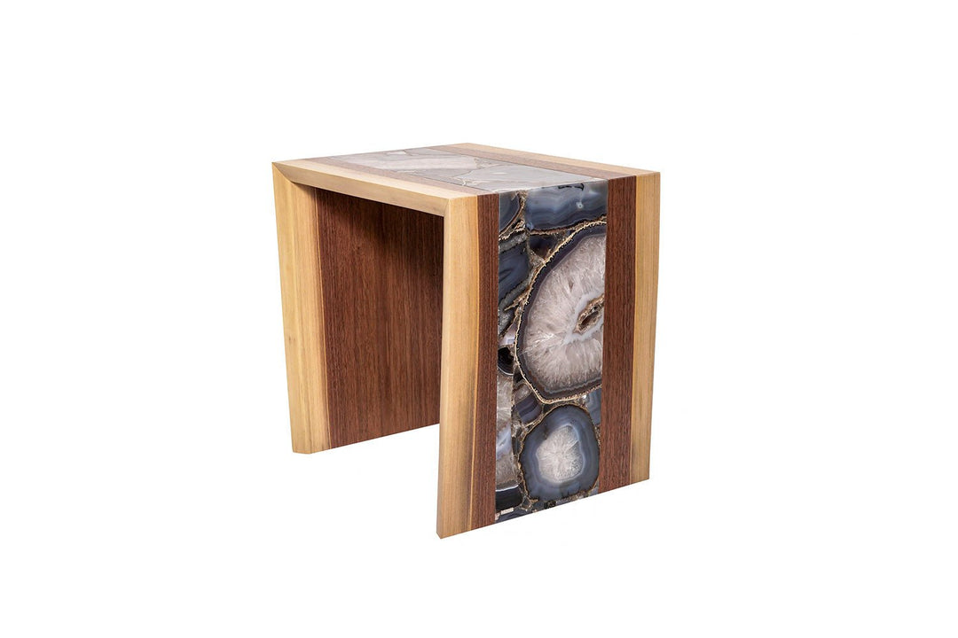 Blue Danube Grey Agate Inlay Side Table with Live Edge Walnut Base