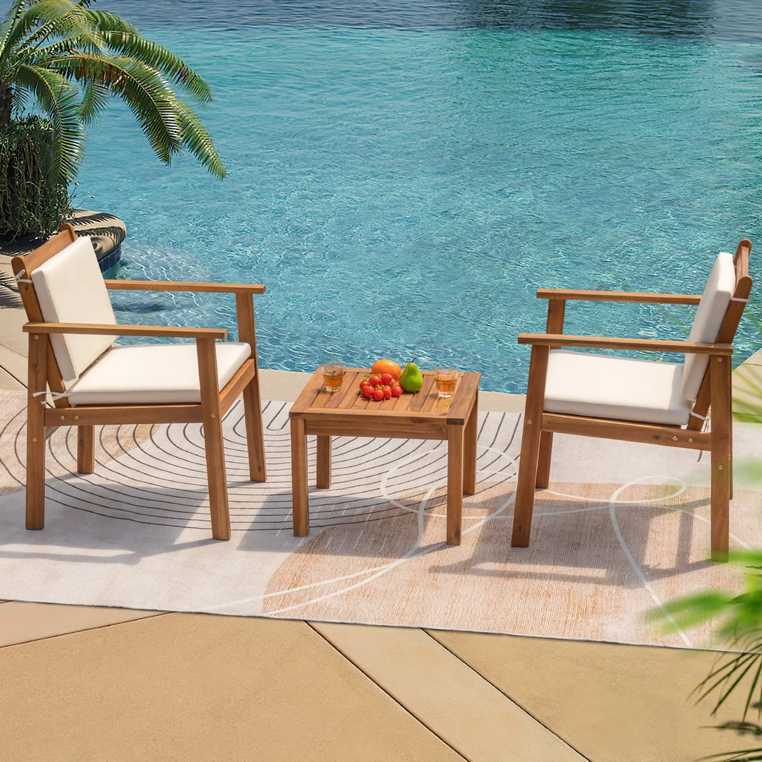 3-Piece Acacia Wood Patio Conversation Set | Beige Cushions & Side Table