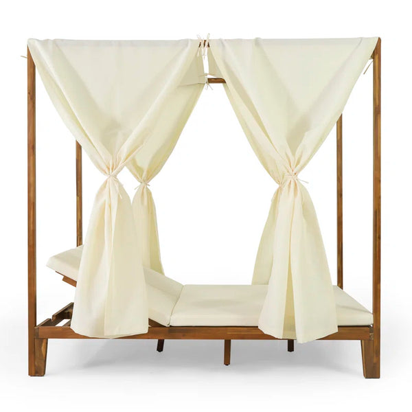 Acacia Wood Outdoor Patio Daybed | 51" Double Chaise with Adjustable Backrests & Canopy Frame
