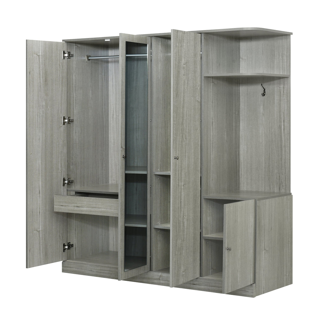 4-Door Gray Wardrobe with Mirror, Shelves, Drawer, and Shoe Storage