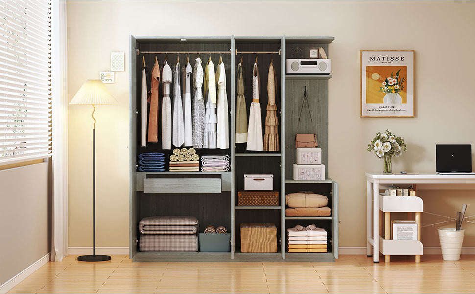4-Door Gray Wardrobe with Mirror, Shelves, Drawer, and Shoe Storage