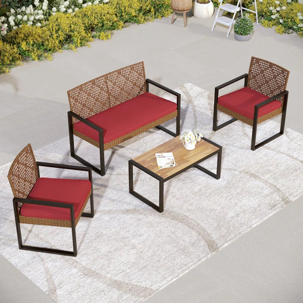 Armantine Darb 4-Person Wicker Patio Set | Acacia Wood Table & Cushioned Seating