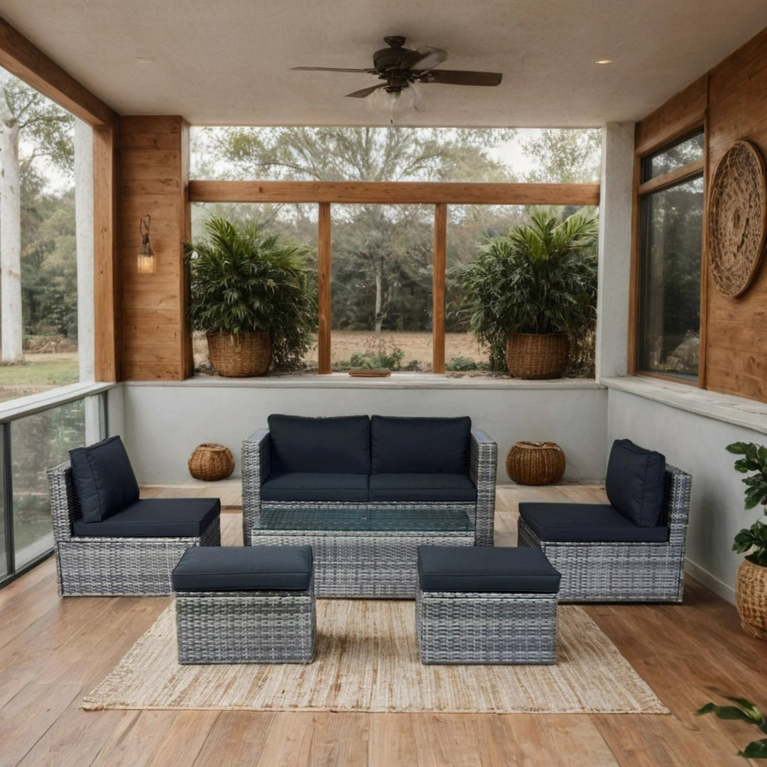 6-Piece Grey Wicker Patio Sectional Set with Black Cushions