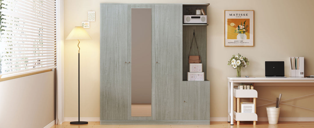 4-Door Gray Wardrobe with Mirror, Shelves, Drawer, and Shoe Storage