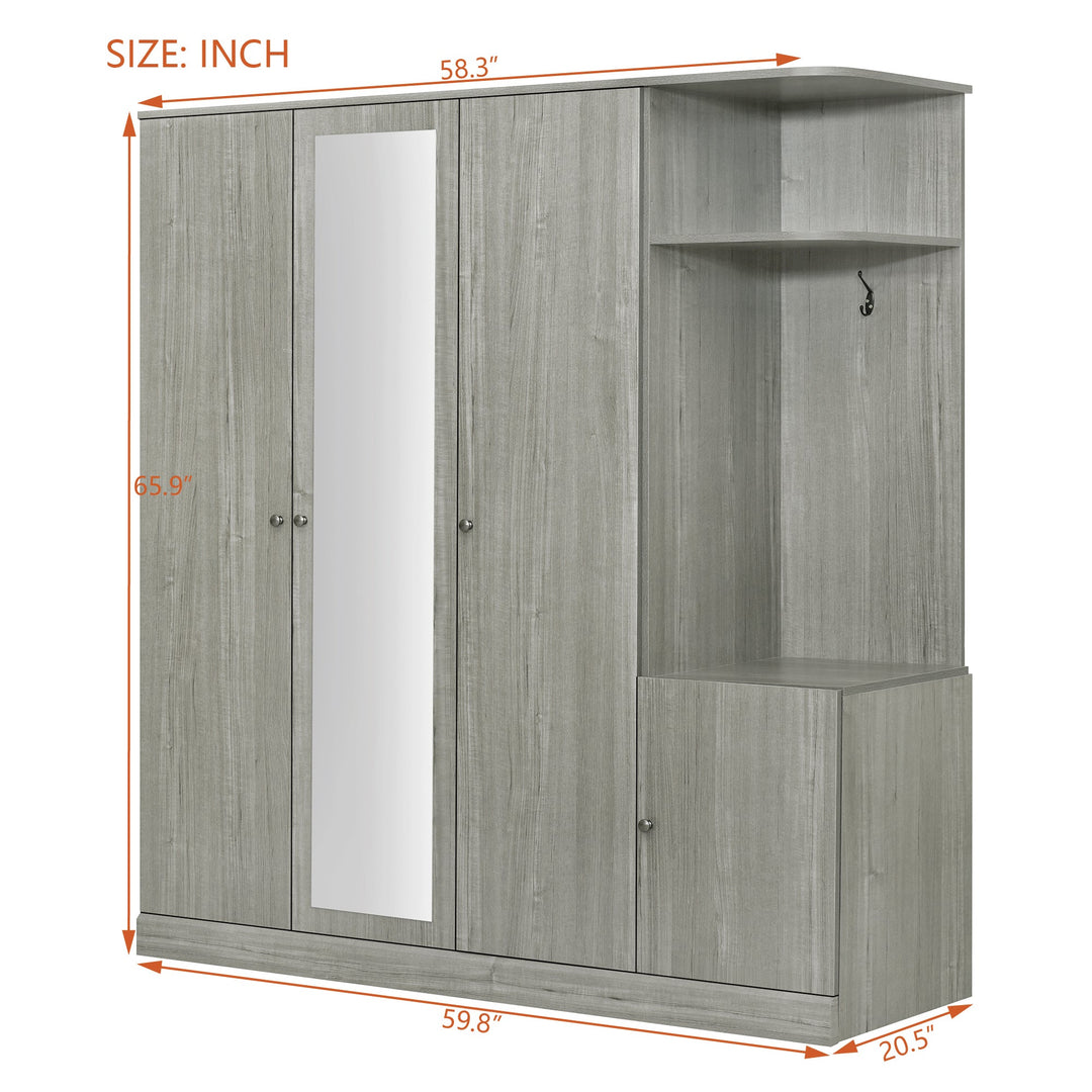 4-Door Gray Wardrobe with Mirror, Shelves, Drawer, and Shoe Storage