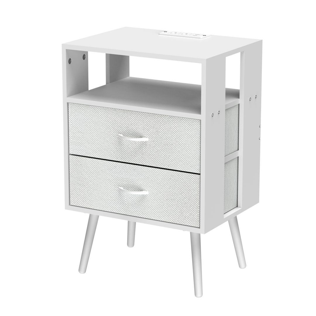 2-Pack White Modern Nightstands with Charging Station, LED Lights