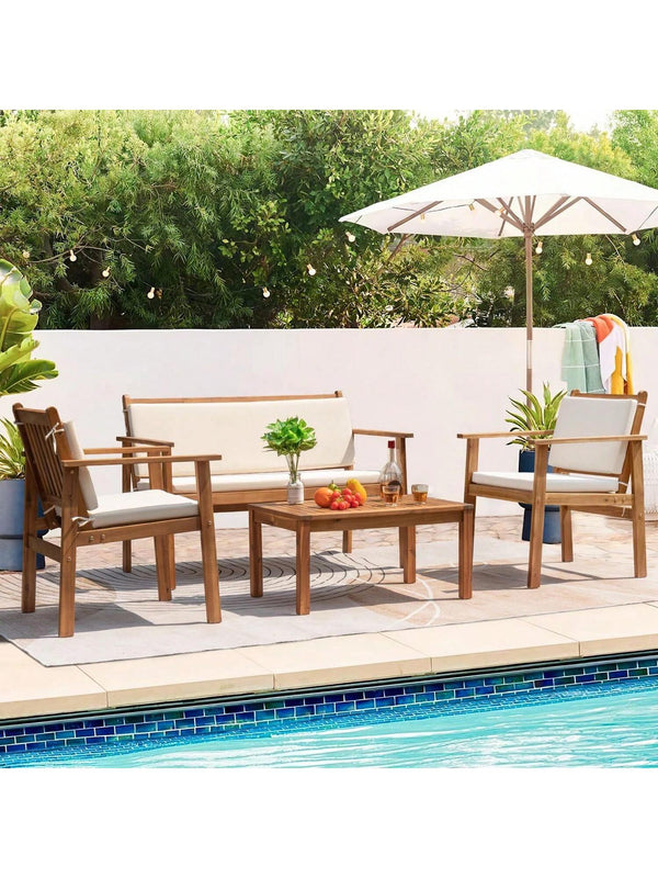4-Piece Acacia Wood Outdoor Conversation Set | Beige Cushions & Side Table
