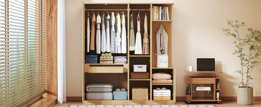 4-Door Natural Wood Wardrobe with Mirror, Shelves, Drawer