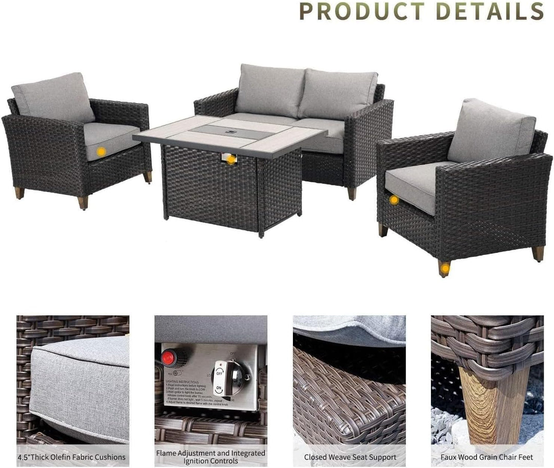 Grand Patio 5-Piece Outdoor Wicker Sofa Set with 43” Propane Fire Pit Table – UV-Resistant Gradient Brown Rattan with Olefin Cushions, Gray