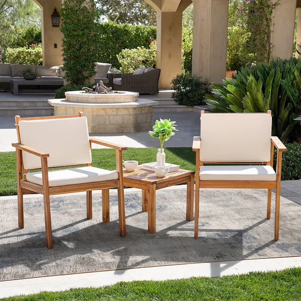 3-Piece Acacia Wood Patio Conversation Set | Beige Cushions & Side Table
