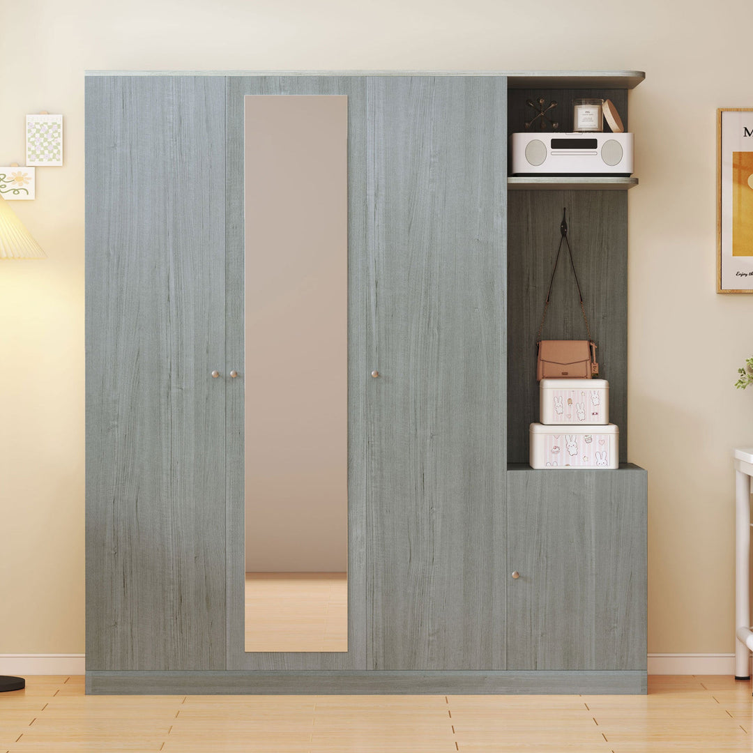 4-Door Gray Wardrobe with Mirror, Shelves, Drawer, and Shoe Storage