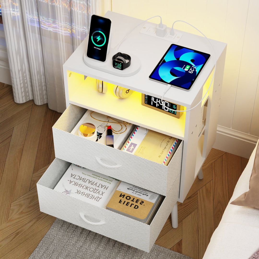 2-Pack White Modern Nightstands with Charging Station, LED Lights