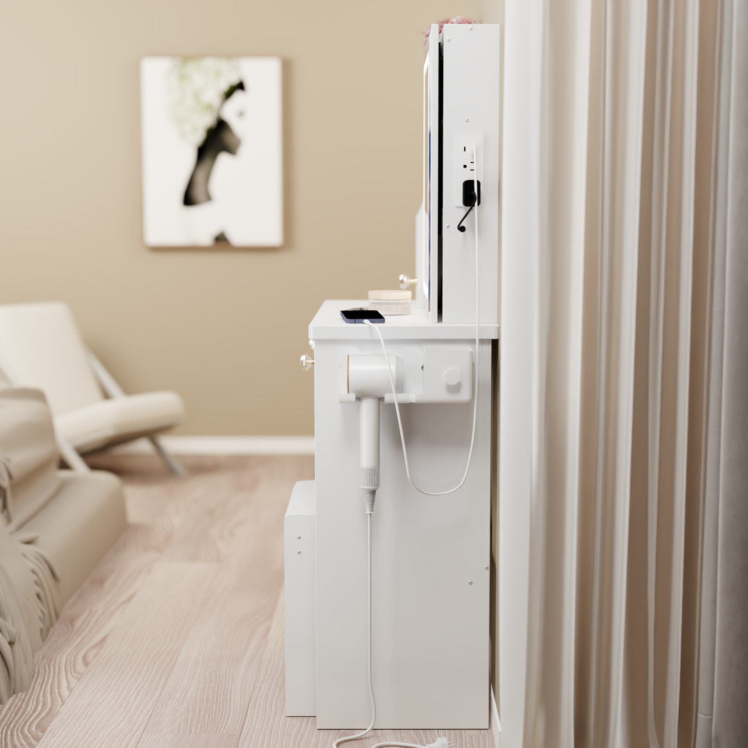 29.2" White Compact Vanity Table with LED Mirror, Charging Station, Stool
