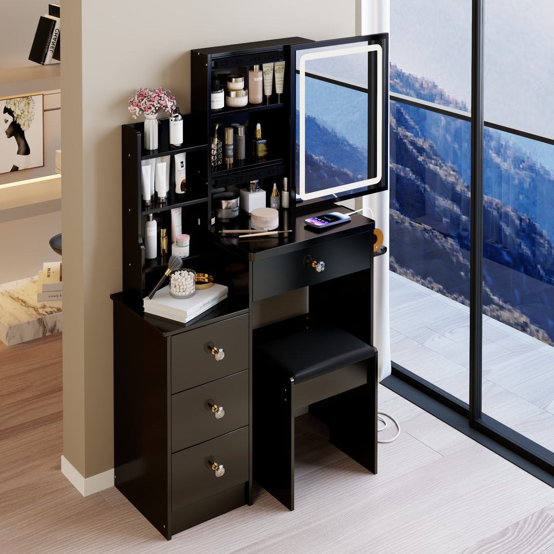29.2" Compact Vanity Table with LED Mirror, Charging Station, Hair Dryer Holder, Stool