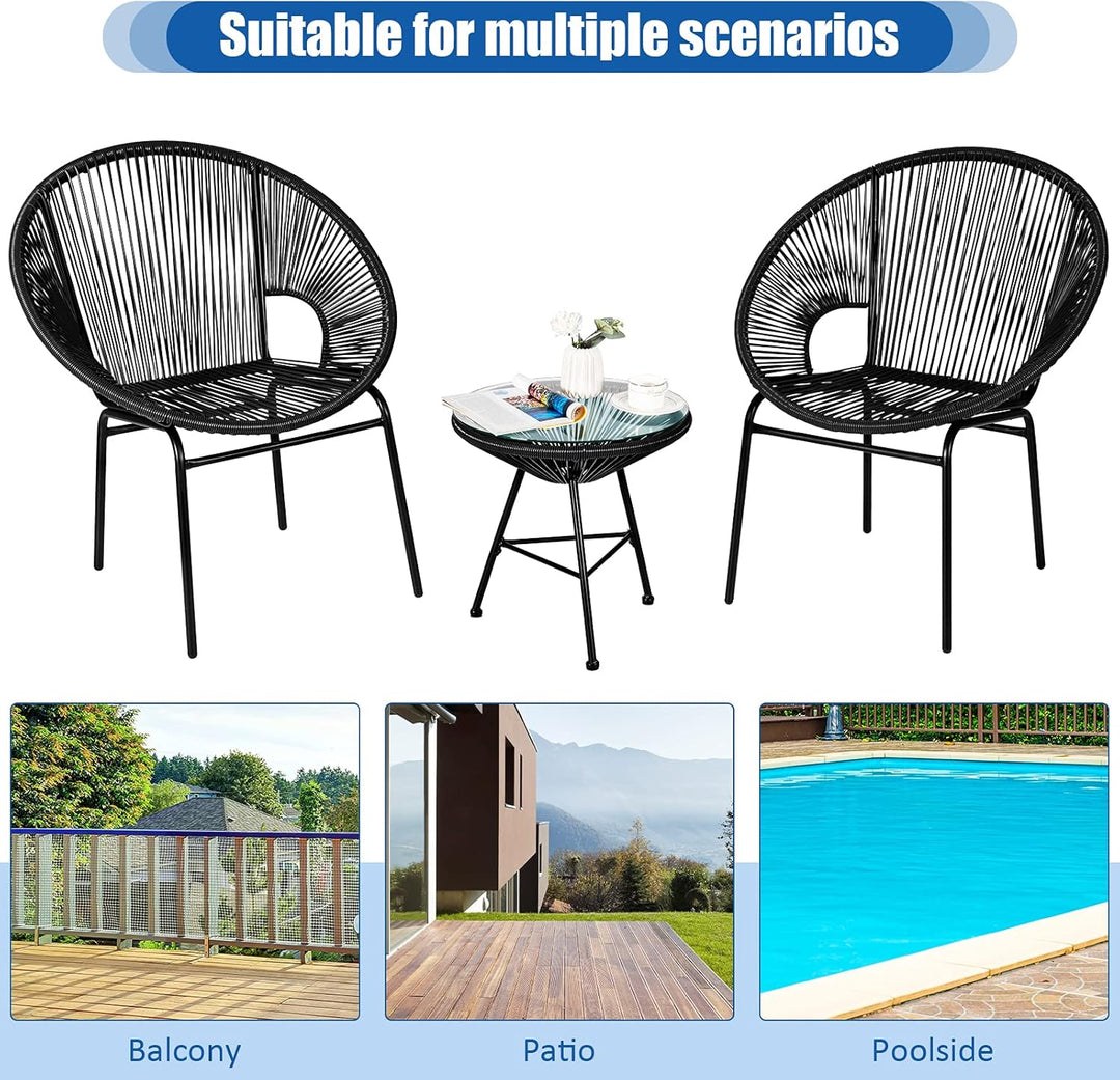 Acapulco 3-Piece Modern Patio Bistro Set – All-Weather Woven Rope Chairs & Tempered Glass Table (Black)