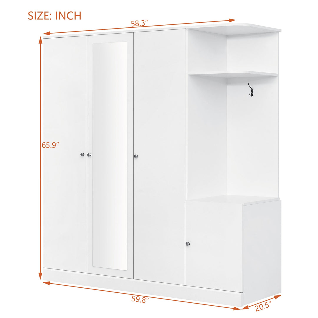 4-Door White Wardrobe with Mirror, Shelves, Drawer, Shoe Storage