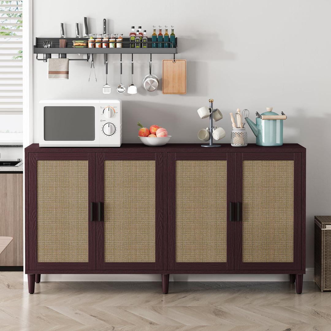 70" Rattan 4-Door Buffet Cabinet with Adjustable Shelves, Brown