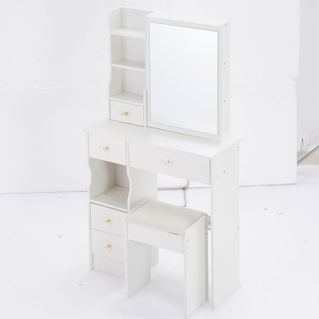 29.2" Compact White Vanity Table with Drawer, Sliding Mirror, and Stool