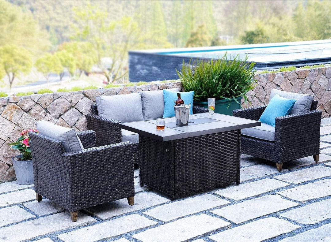 Grand Patio 5-Piece Outdoor Wicker Sofa Set with 43” Propane Fire Pit Table – UV-Resistant Gradient Brown Rattan with Olefin Cushions, Gray