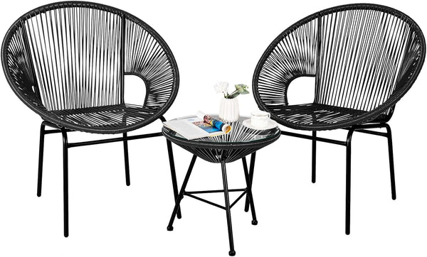 Acapulco 3-Piece Modern Patio Bistro Set – All-Weather Woven Rope Chairs & Tempered Glass Table (Black)