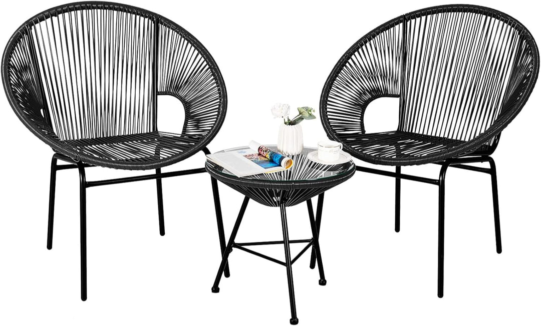 Acapulco 3-Piece Modern Patio Bistro Set – All-Weather Woven Rope Chairs & Tempered Glass Table (Black)