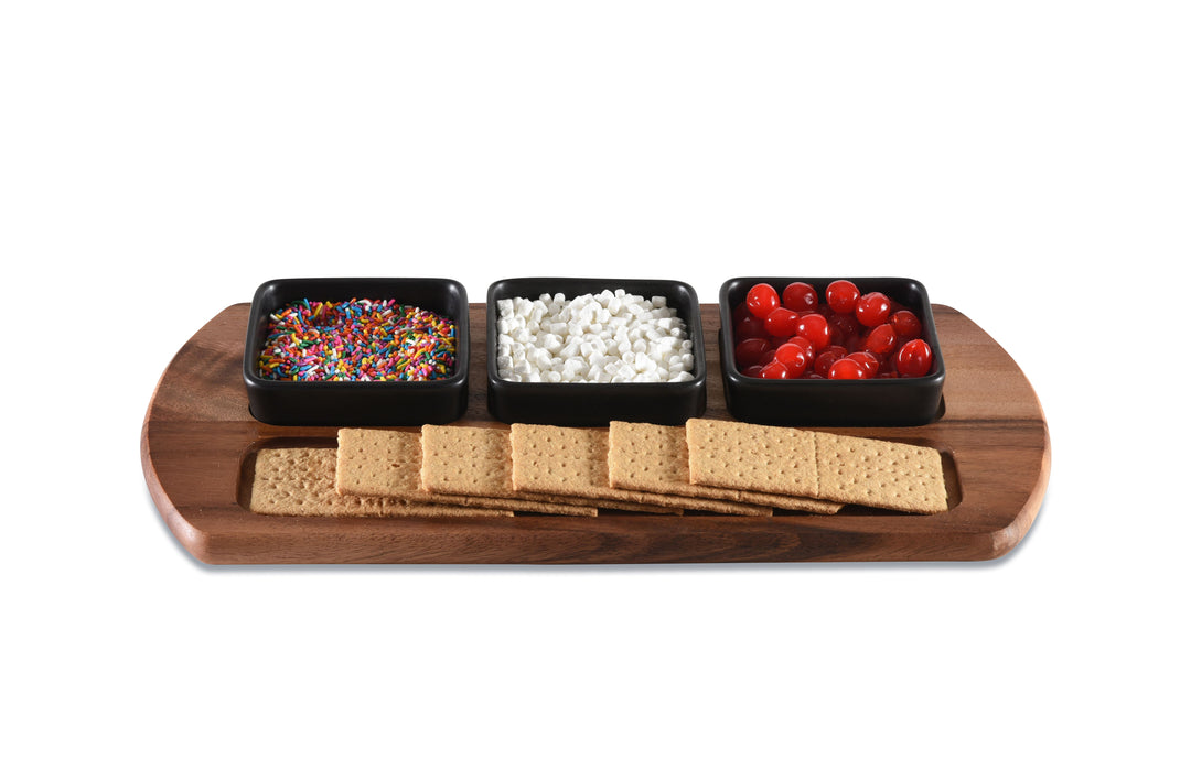 9x18" Acacia Charcuterie Tray with 3 Black Ceramic Bowls