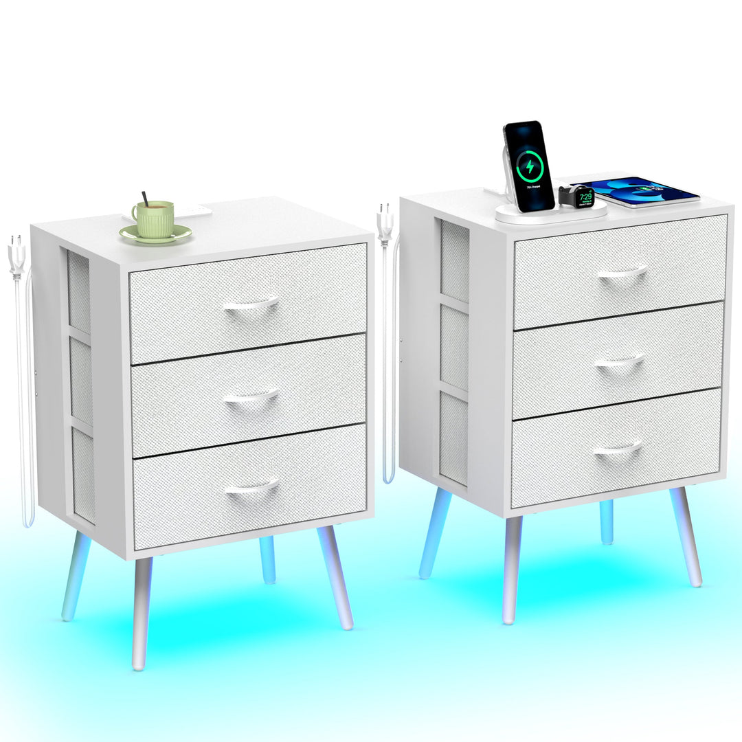 2-Pack Modern White Nightstands with Charging Station, LED Lights, Fabric Drawers