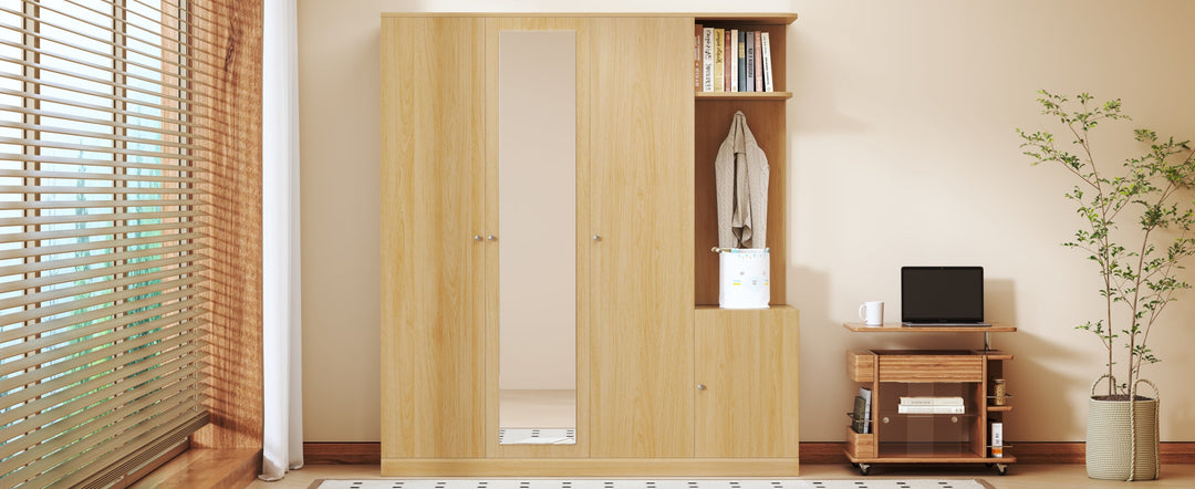 4-Door Natural Wood Wardrobe with Mirror, Shelves, Drawer