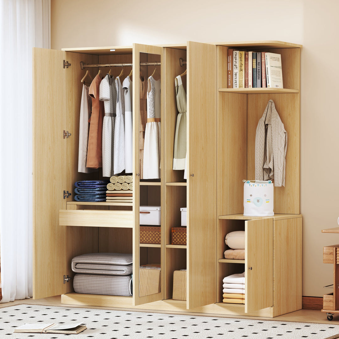 4-Door Natural Wood Wardrobe with Mirror, Shelves, Drawer
