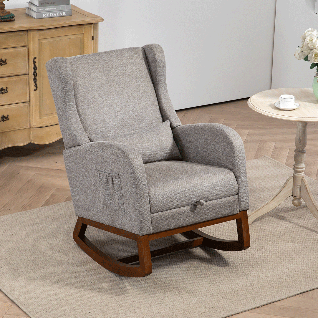 25.4" Taupe Nursery Rocking Chair with Footrest, Side Pocket