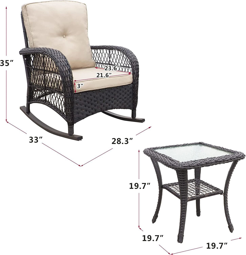 3-Piece Outdoor Wicker Rocker Bistro Set with Glass Table