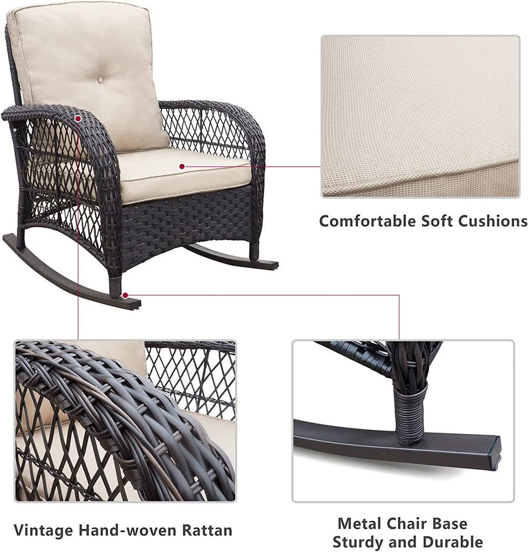 3-Piece Outdoor Wicker Rocker Bistro Set with Glass Table