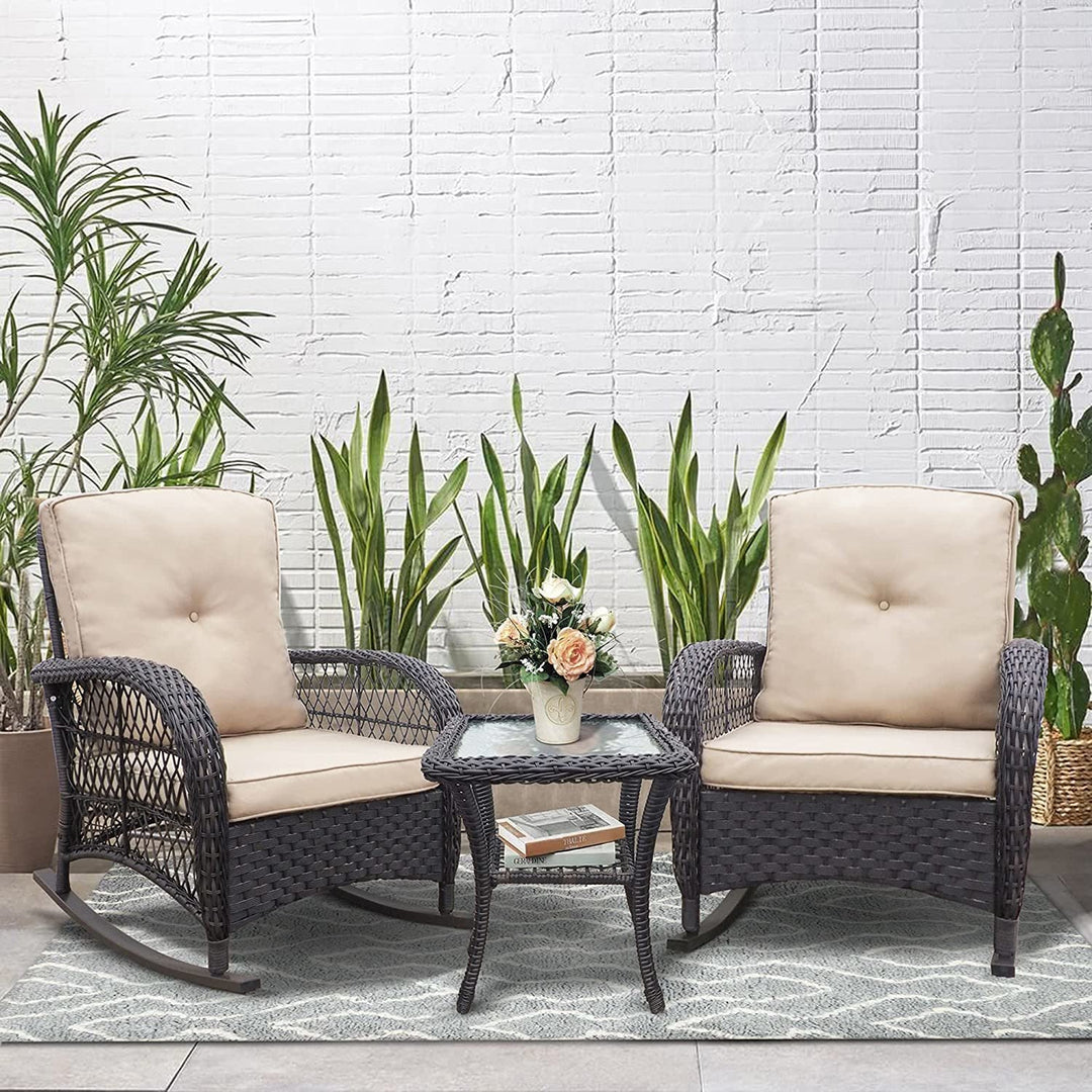 3-Piece Outdoor Wicker Rocker Bistro Set with Glass Table
