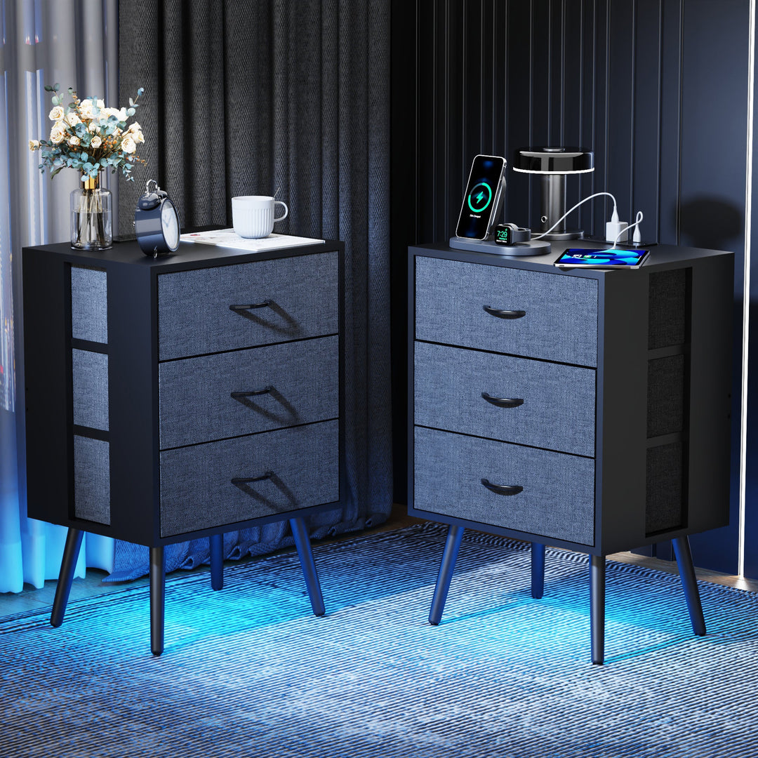 2-Pack Modern Black Nightstands with Charging Station, LED Lights, Fabric Drawers