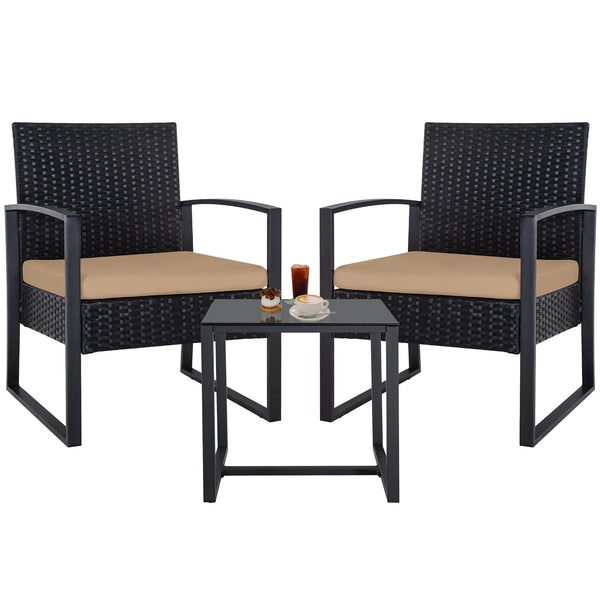 Ainfox 3-Piece Wicker Patio Bistro Set – Brown Rattan Outdoor Conversation Set with Cushioned Chairs & Glass-Top Coffee Table