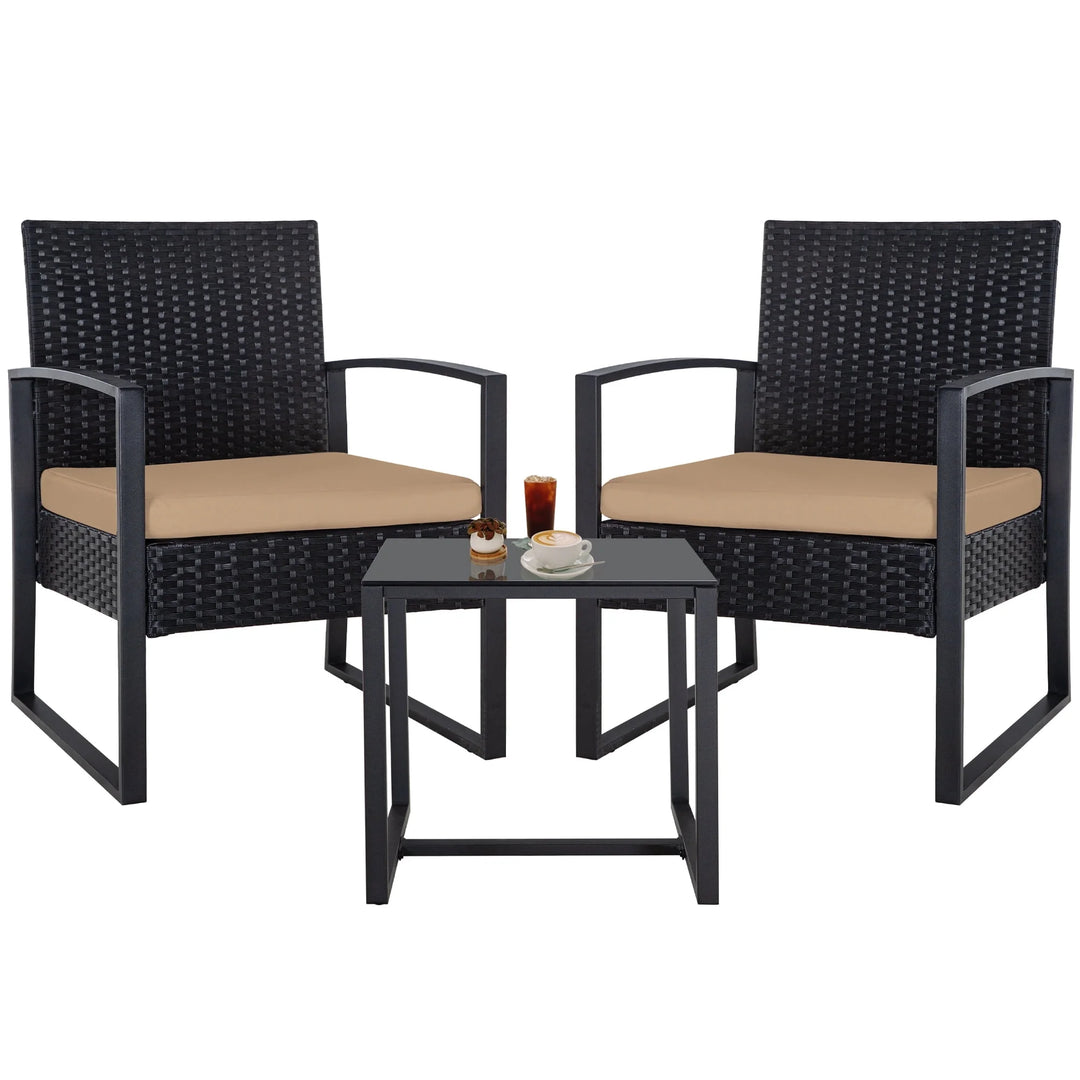 Ainfox 3-Piece Wicker Patio Bistro Set – Brown Rattan Outdoor Conversation Set with Cushioned Chairs & Glass-Top Coffee Table