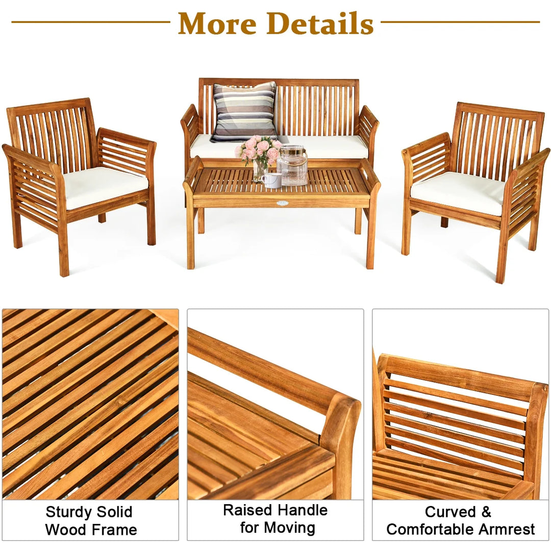 4-Piece Outdoor Sofa Set – Acacia Wood Patio Seating with Cushions and Coffee Table