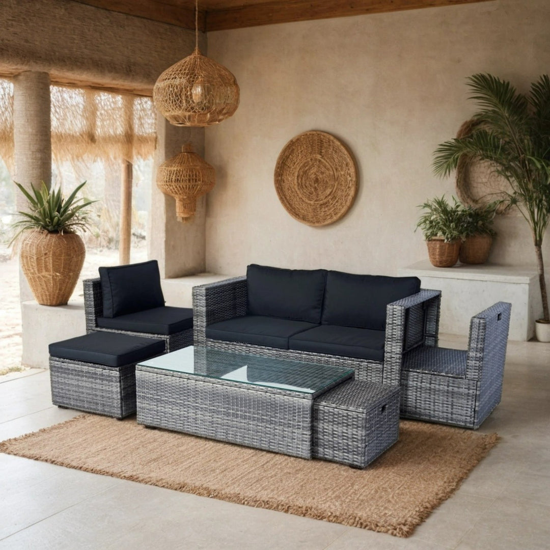 6-Piece Grey Wicker Patio Sectional Set with Black Cushions